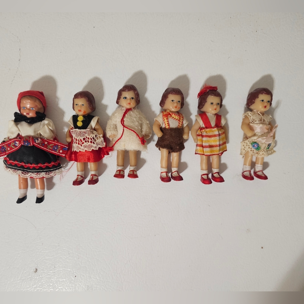 Vintage East German ARI Miniature Dressed Rubber Dolls Set Of 6